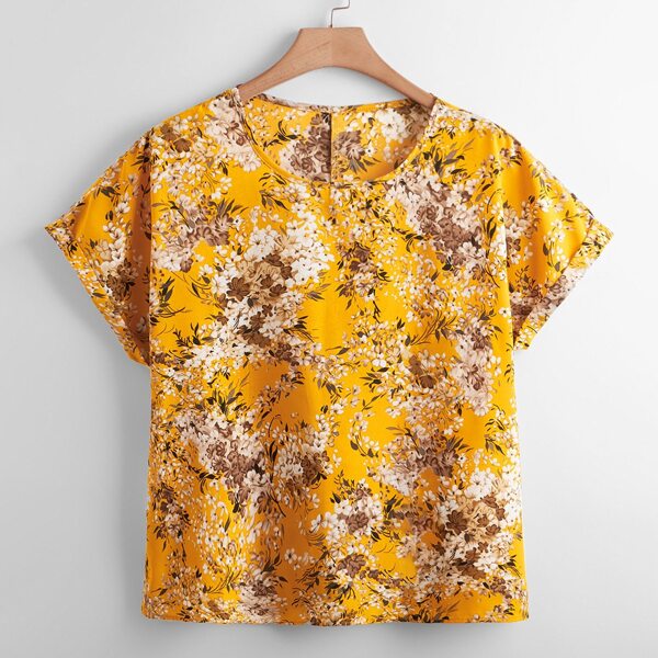 

Plus Floral Print Batwing Sleeve Blouse, Yellow