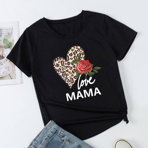 

1pc Leopard Heart And Letter Graphic Tee, Black
