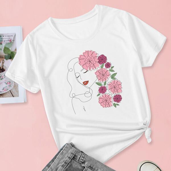 

1pc Figure And Floral Print Tee, White