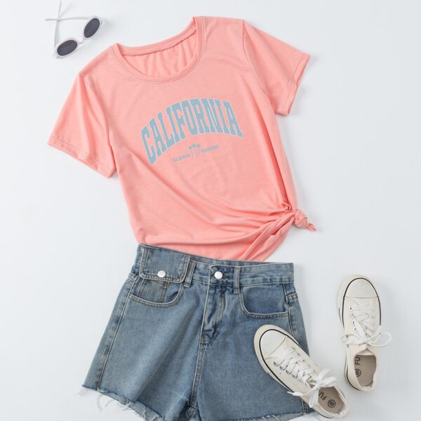 

1pc Letter Graphic Crew Neck Tee, Baby pink
