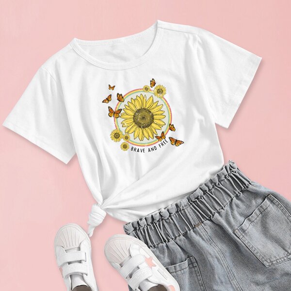 

Girls 1pc Sunflower And Butterfly Print Tee, White