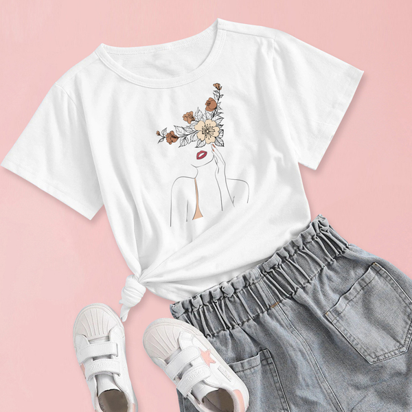 

Girls 1pc Figure And Floral Print Tee, White