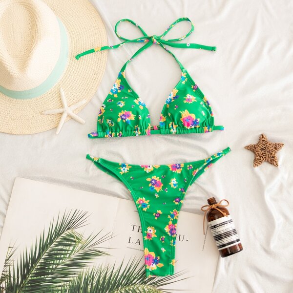 

Floral Triangle Thong Bikini Swimsuit, Multicolor