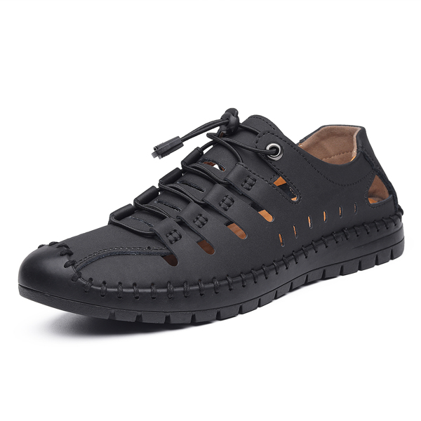 

Men Minimalist Lace-up Front Hollow-out Sandals, Black