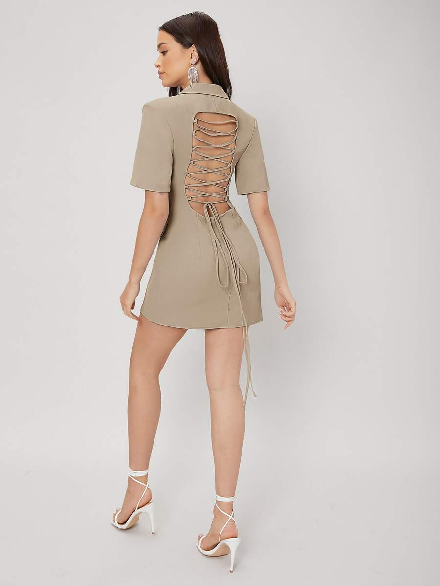 SHEIN Lace Up Backless Blazer Dress - Khaki - View 1