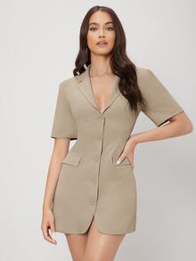 SHEIN Lace Up Backless Blazer Dress - Khaki - View 2
