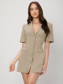 SHEIN Lace Up Backless Blazer Dress - Khaki - View 4