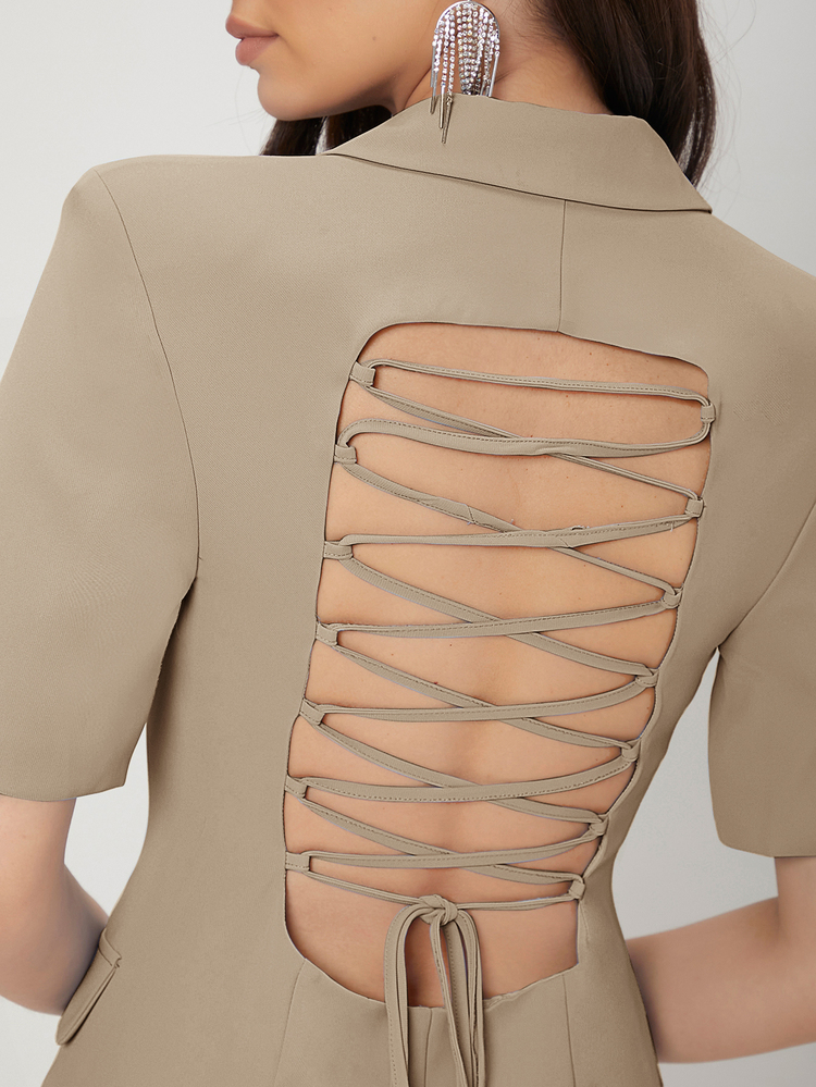 SHEIN Lace Up Backless Blazer Dress - Khaki - View 5