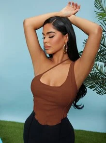 SHEIN SXY Solid One Shoulder Crop Top - Rust Brown - View 1