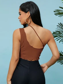 SHEIN SXY Solid One Shoulder Crop Top - Rust Brown - View 2