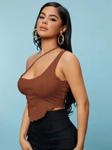 SHEIN SXY Solid One Shoulder Crop Top - Rust Brown - View 3