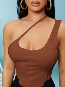 SHEIN SXY Solid One Shoulder Crop Top - Rust Brown - View 4