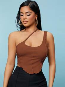 SHEIN SXY Solid One Shoulder Crop Top - Rust Brown - View 6