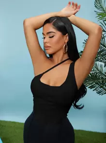 SHEIN SXY Áo nữ Bất đối xứng màu trơn Giải trí - màu đen - Xem 1