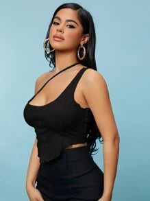 SHEIN SXY Áo nữ Bất đối xứng màu trơn Giải trí - màu đen - Xem 3