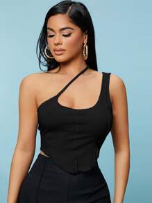 SHEIN SXY Áo nữ Bất đối xứng màu trơn Giải trí - màu đen - Xem 6