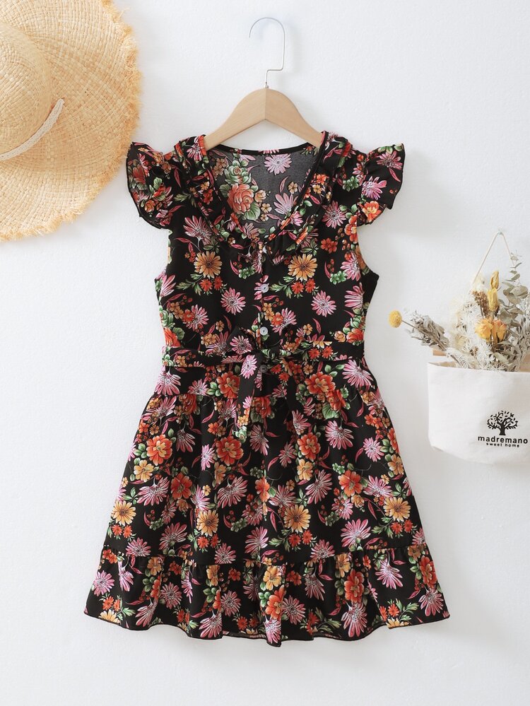 Plissado Floral Boho Vestido - Menina - Multicolorido - Visão 1