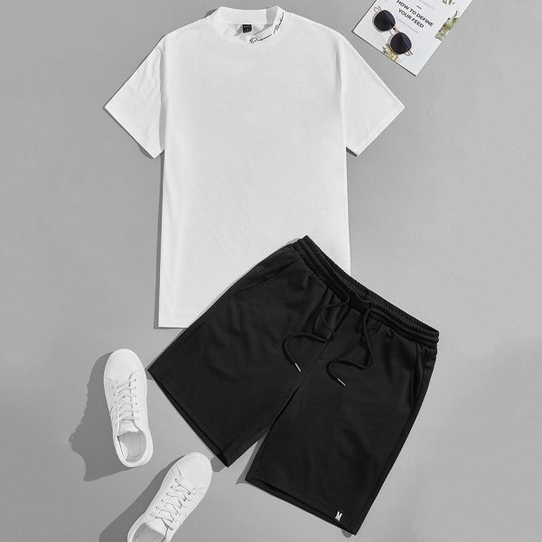 

Men Letter Graphic Stand Neck Tee & Shorts Set, Black and white