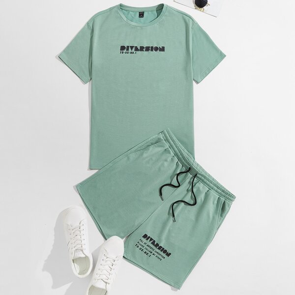 

Men Letter Graphic Tee & Track Shorts Set, Mint green