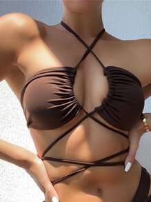SHEIN Swim Summer Beach Criss Cross Halter Bikini Top - Coffee Brown - View 1