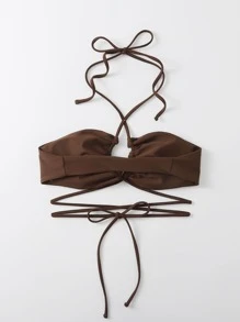 SHEIN Swim Summer Beach Criss Cross Halter Bikini Top - Coffee Brown - View 2