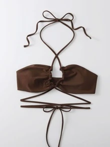 SHEIN Swim Summer Beach Criss Cross Halter Bikini Top - Coffee Brown - View 3