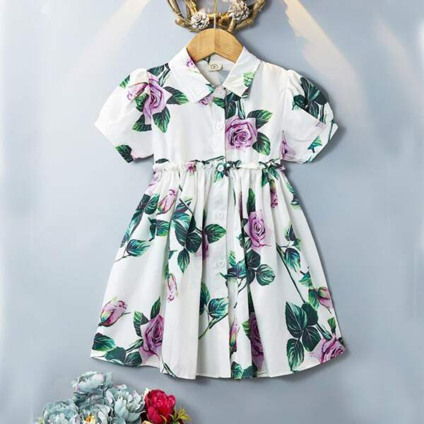 

Toddler Girls Floral Print Puff Sleeve Shirt Dress, Multicolor