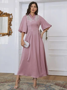 Modelyn Rhinestone Beaded Tie Back Surplice A-line Dress - Pink - View 1