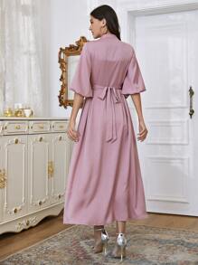 Modelyn Rhinestone Beaded Tie Back Surplice A-line Dress - Pink - View 2