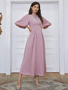 Modelyn Rhinestone Beaded Tie Back Surplice A-line Dress - Pink - View 3