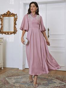 Modelyn Rhinestone Beaded Tie Back Surplice A-line Dress - Pink - View 6