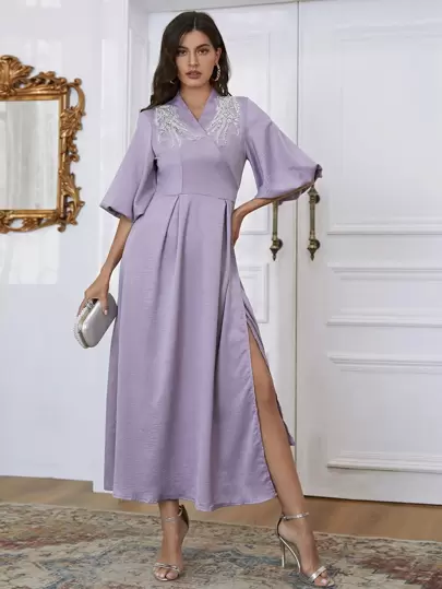 Modelyn 水鑽串珠後繫帶交叉A字型連衣裙