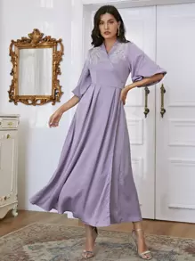 Modelyn 水鑽串珠後繫帶交叉A字型連衣裙 - 紫丁香色 - 查看 3