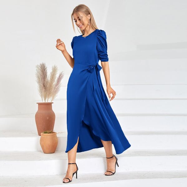 

Tie Side Puff Sleeve Wrap A-line Dress, Royal blue