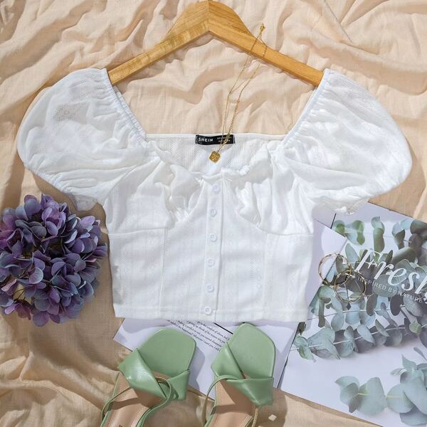 

Puff Sleeve Ruched Bust Top, White
