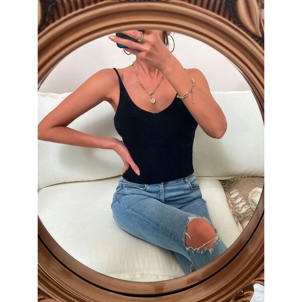 

Ribbed Knit Solid Cami Top, Black