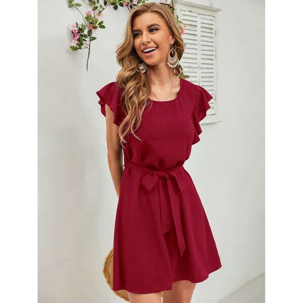 

Ruffle Armhole Scoop Neck Belted Tunic Dress, Burgundy