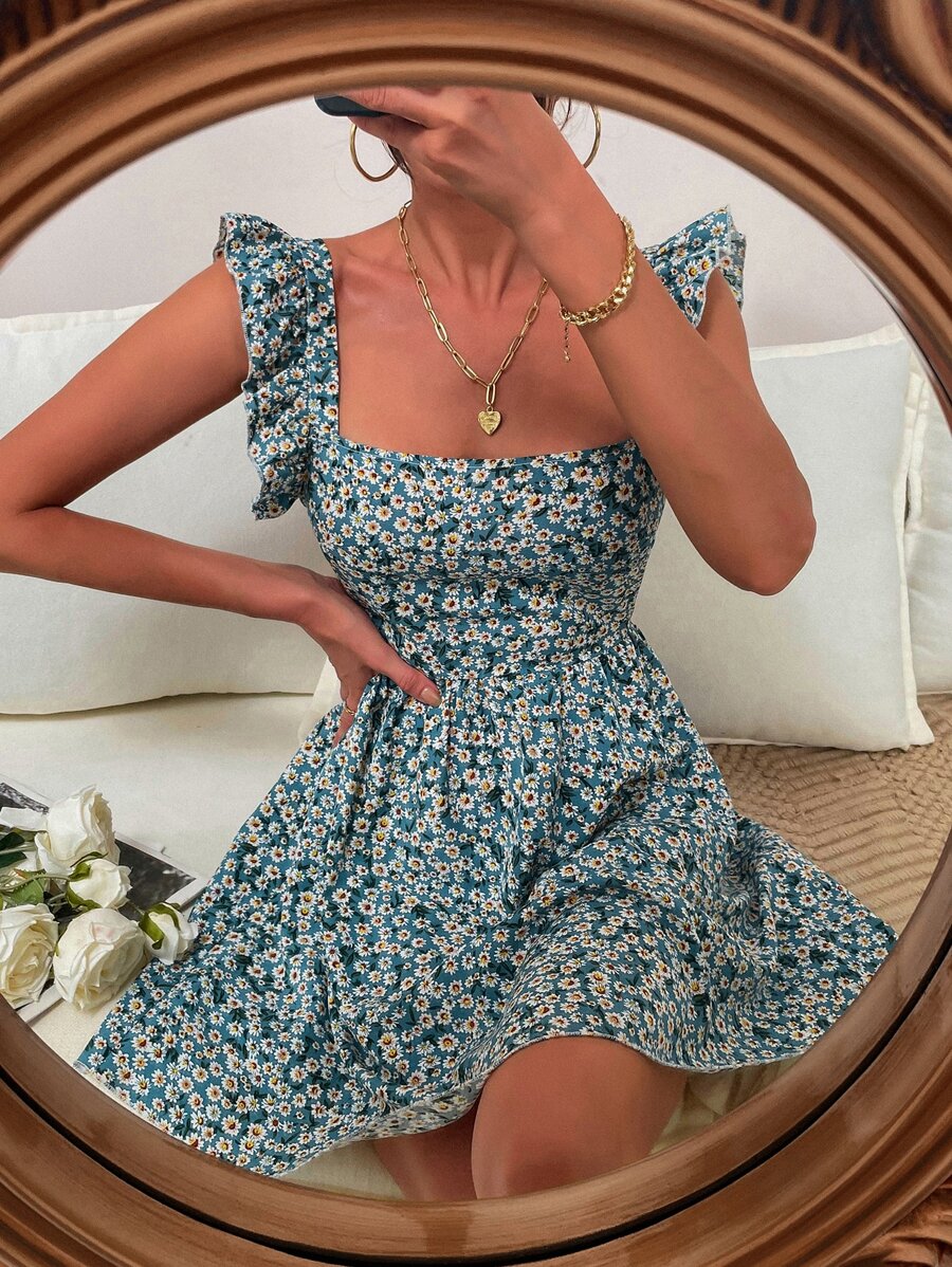 SHEIN VCAY Daisy Floral Tie Back Ruffle Detail Dress - Blue - View 1