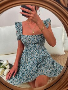 SHEIN VCAY Daisy Floral Tie Back Ruffle Detail Dress - Blue - View 3