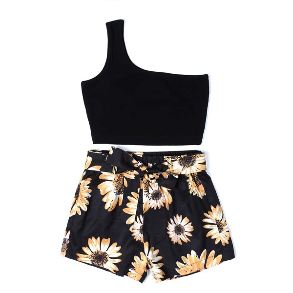 

Girls One Shoulder Top With Floral Belted Shorts, Black