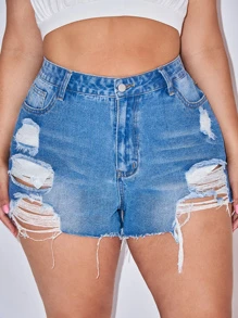 Quần short denim oversized Nút màu trơn - Rửa nhẹ - Xem 3