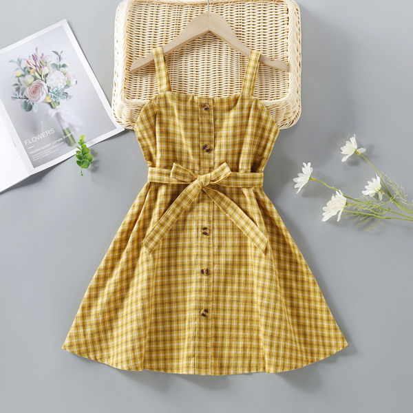 

Girls Button Through Plaid Belted Cami Dress, Yellow