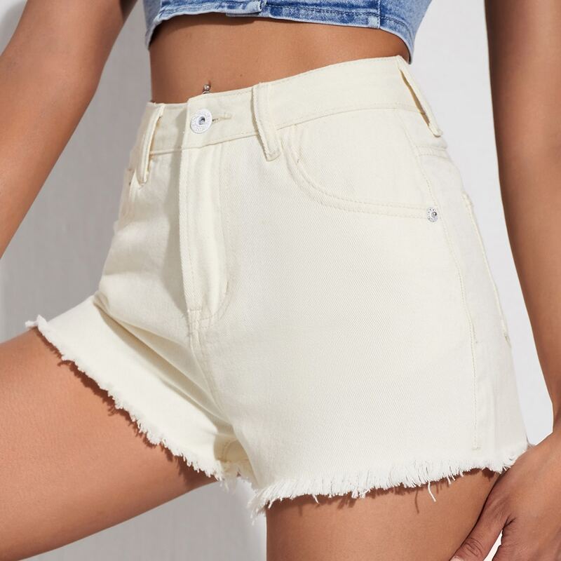 

High Waist Raw Hem Denim Shorts, Beige