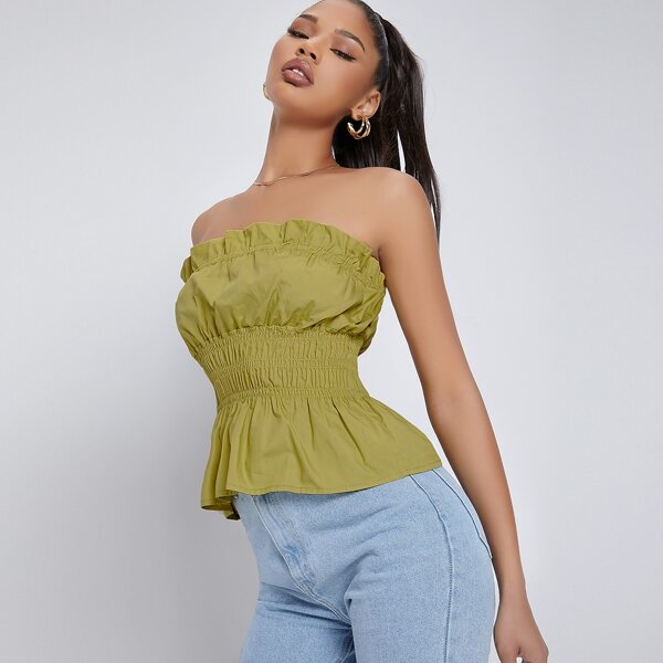 

Ruffled Smocked Tube Top, Olive green