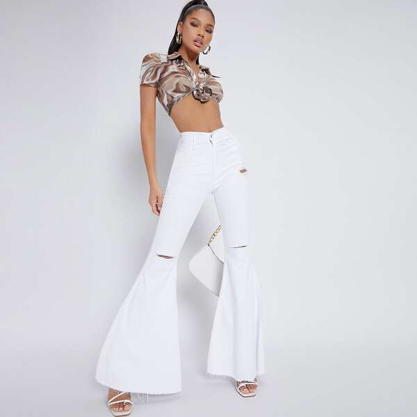 

Distressed High-Rise Frayed Flare Jeans, White