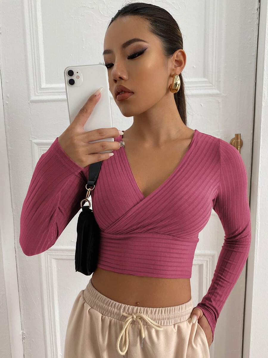 SHEIN EZwear Surplice Neck Rib-knit Crop Tee - Rusty Rose - View 1