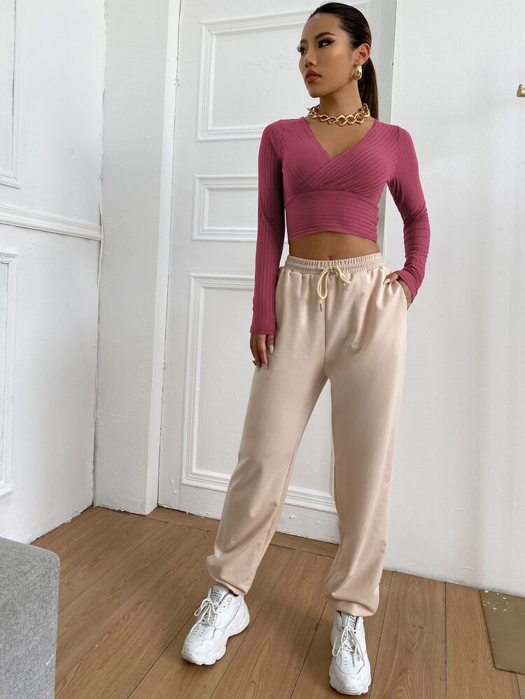 SHEIN EZwear Surplice Neck Rib-knit Crop Tee - Rusty Rose - View 3