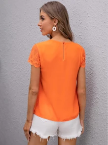 SHEIN Clasi Neon Orange Keyhole Neck Embroidered Mesh Sleeve Top - Orange - View 2