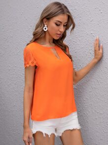 SHEIN Clasi Neon Orange Keyhole Neck Embroidered Mesh Sleeve Top - Orange - View 3