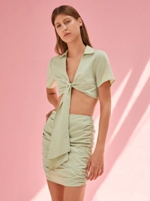 SHEIN Unity Áo nữ Thắt nơ trước màu trơn Gợi cảm - Màu xanh Bạc hà - Xem 4